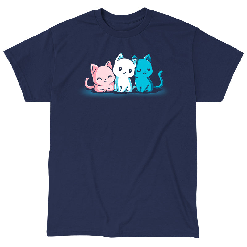 Classic Cotton T-shirt_Three cartoon cats sit side by side on a dark background. The pink, white, and blue Inclusive Kitties display different expressions. Featured on a monsterdigital apparel, this design is printed on super soft ringspun cotton for ultimate comfort.