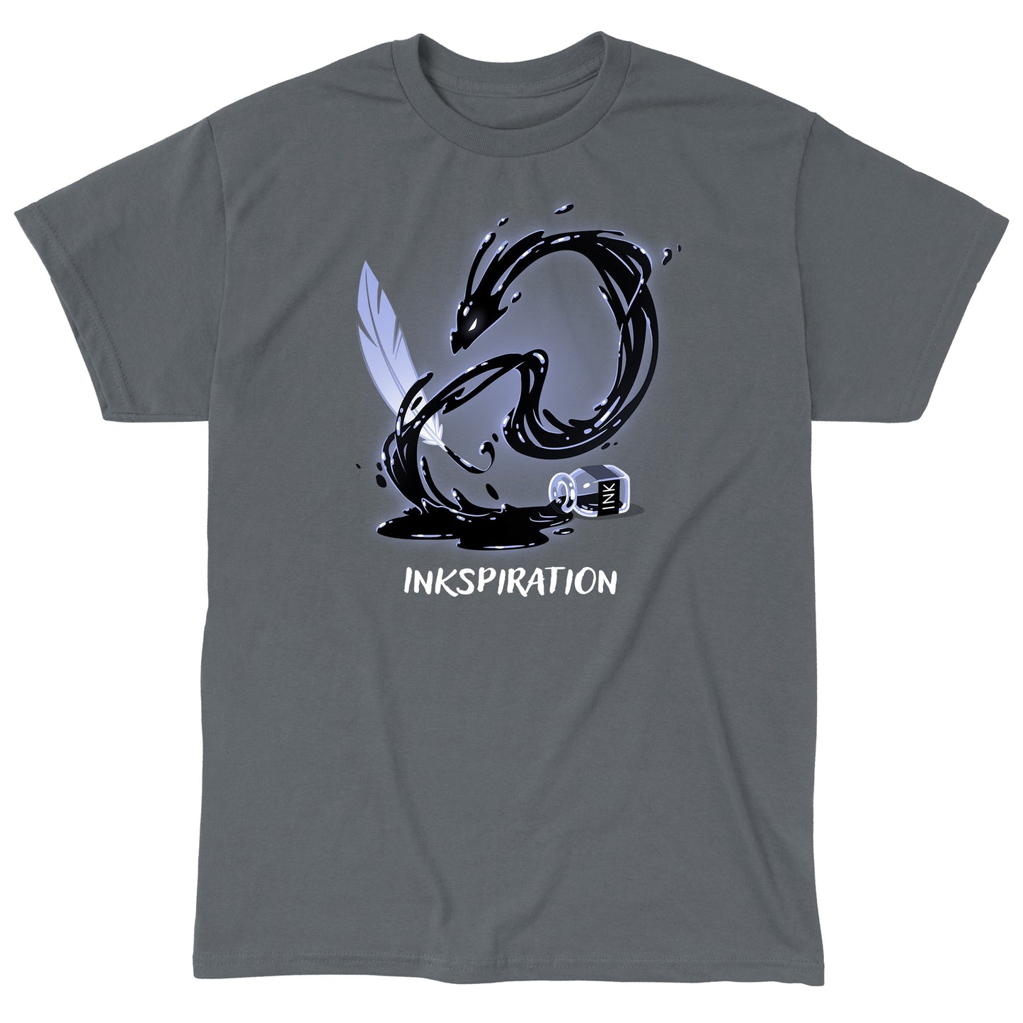 Classic Cotton T-shirt_TeeTurtle Inkspiration charcoal gray t-shirt featuring a feather quill that appears to transform into a black dragon-like swirl above an ink bottle, with the word "INKSPIRATION" below.