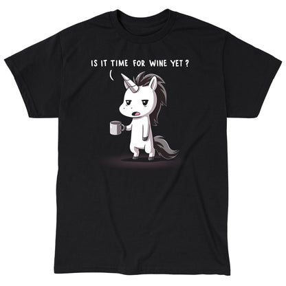 Classic Cotton T-shirt_TeeTurtle Is It Time For Wine Yet? black t-shirt featuring a unicorn holding a coffee mug with an annoyed expression and text above its head asking, "Is it time for wine yet?"