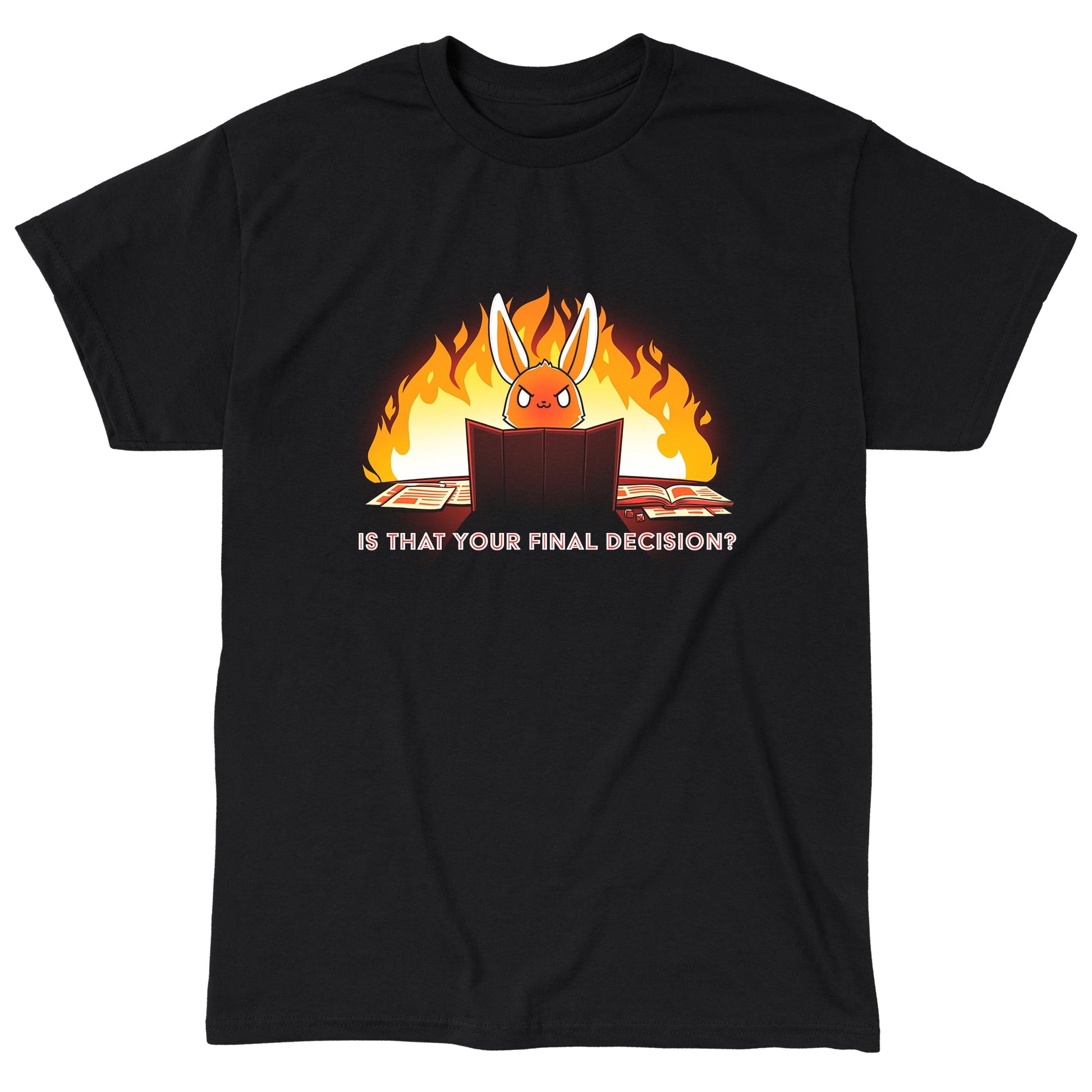 Classic Cotton T-shirt_TeeTurtle Is That Your Final Decision? black t-shirt featuring an extreme bunny tabletop gaming with fire behind them.