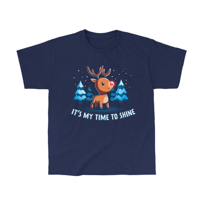 Classic Cotton T-shirt_TeeTurtle navy blue It's My Time To Shine. Featuring a reindeer with a red nose in a wintery forest.