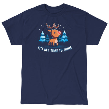 Classic Cotton T-shirt_TeeTurtle navy blue It's My Time To Shine. Featuring a reindeer with a red nose in a wintery forest.