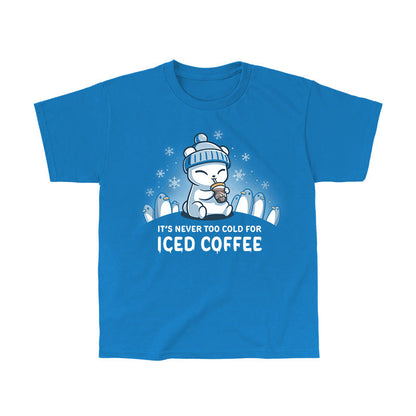 Classic Cotton T-shirt_TeeTurtle sapphire blue It's Never Too Cold for Iced Coffee apparel featuring a polar bear drinking iced coffee surrounded by penguins while it's snowing.