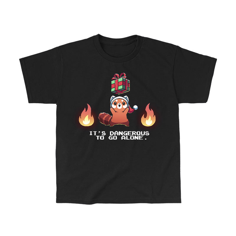 Classic Cotton T-shirt_TeeTurtle black It's Dangerous To Go Alone apparel featuring a red panda holding a floating present surrounded by two flames.