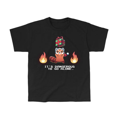 Classic Cotton T-shirt_TeeTurtle black It's Dangerous To Go Alone apparel featuring a red panda holding a floating present surrounded by two flames.