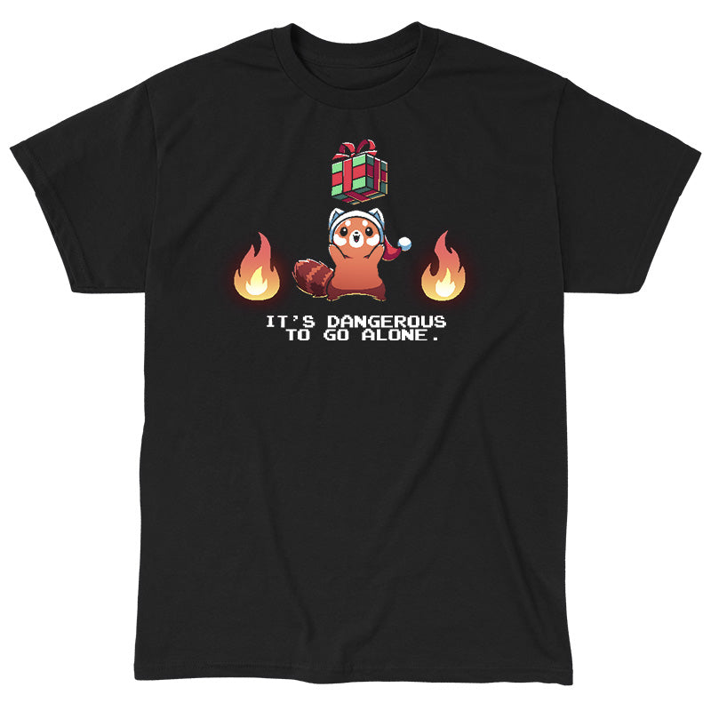 Classic Cotton T-shirt_TeeTurtle black It's Dangerous To Go Alone apparel featuring a red panda holding a floating present surrounded by two flames.