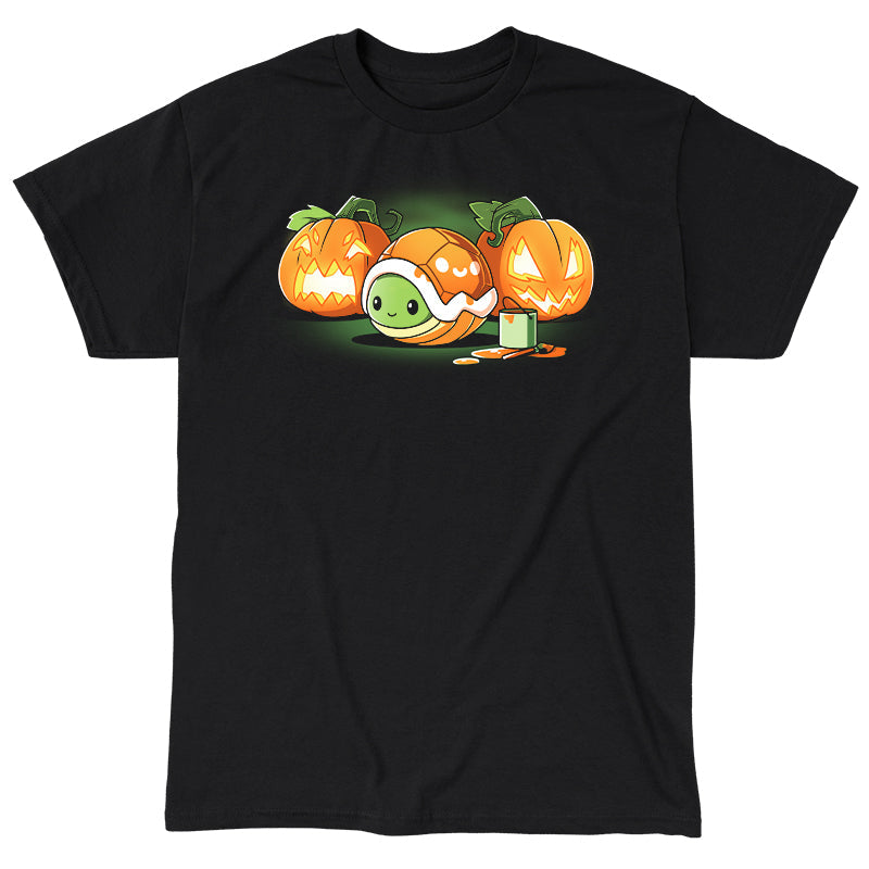 Classic Cotton T-shirt_TeeTurtle Jack-o-Lantern Turtlen black t-shirt featuring a a small turtle is nestled inside an orange shell. It's surrounded by three carved pumpkins with glowing faces and a paint can with a brush.