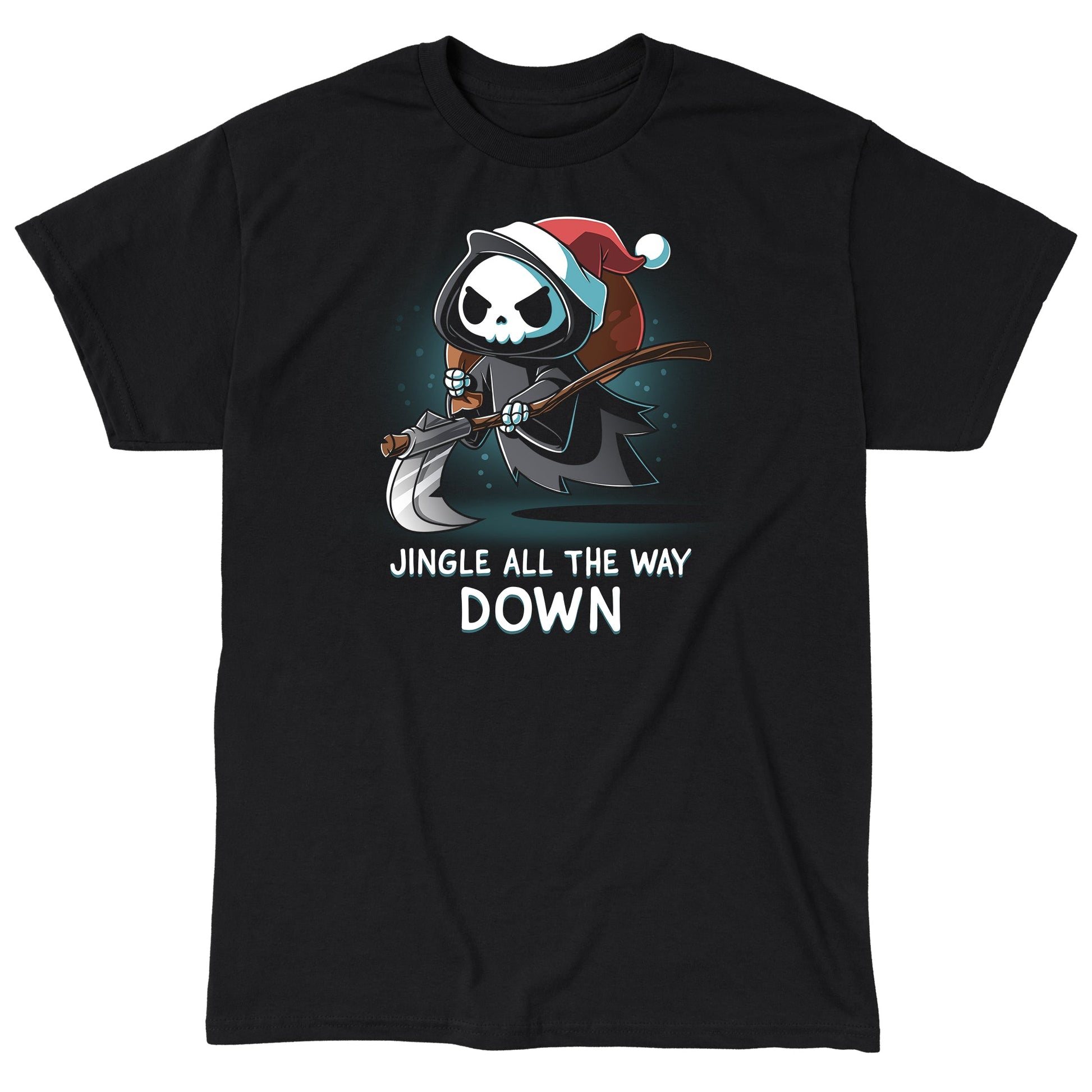 Classic Cotton T-shirt_TeeTurtle black Jingle All the Way Down apparel featuring the Grim Reaper wearing a Santa hat carrying a sack, and scythe.