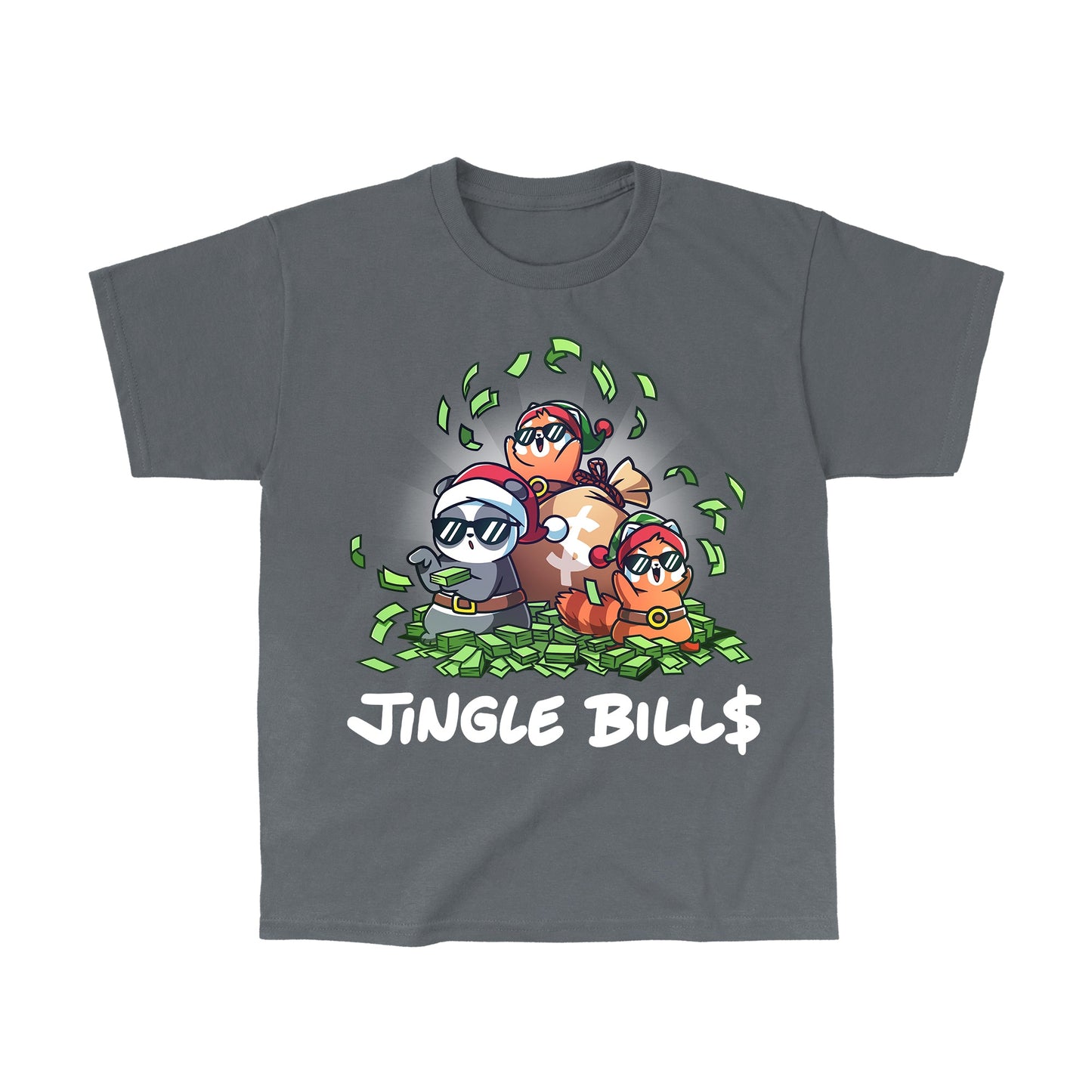 Classic Cotton T-shirt_TeeTurtle charcoal gray Jingle Bills apparel featuring a panda, and two red pandas wearing Santa hats and sunglasses sitting on a pile of money and throwing bills in the air.