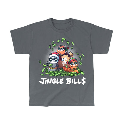 Classic Cotton T-shirt_TeeTurtle charcoal gray Jingle Bills apparel featuring a panda, and two red pandas wearing Santa hats and sunglasses sitting on a pile of money and throwing bills in the air.