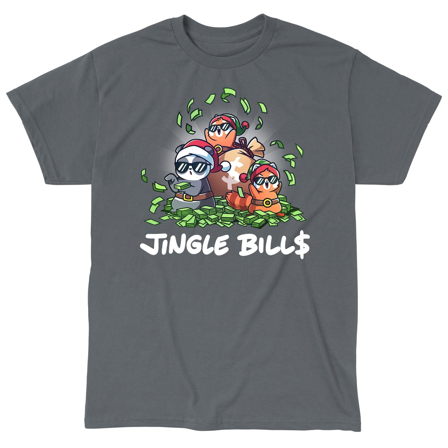 Classic Cotton T-shirt_TeeTurtle charcoal gray Jingle Bills apparel featuring a panda, and two red pandas wearing Santa hats and sunglasses sitting on a pile of money and throwing bills in the air.