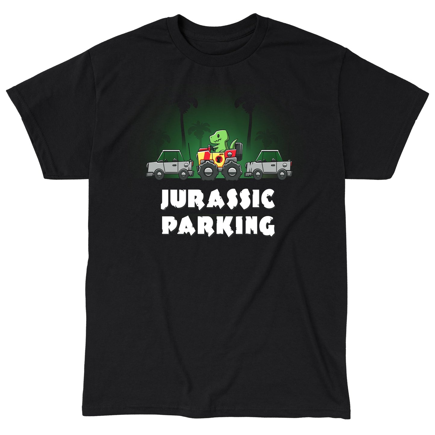 Classic Cotton T-shirt_TeeTurtle Jurassic Parking black t-shirt featuring a pun of a t-rex dinosaur parallel parking in a movie themed jeep.