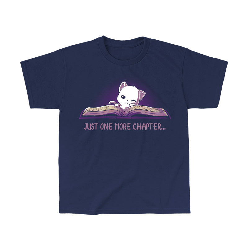 Classic Cotton T-shirt_TeeTurtle navy blue Just One More Chapter. Featuring a sleepy white cat reading a book.