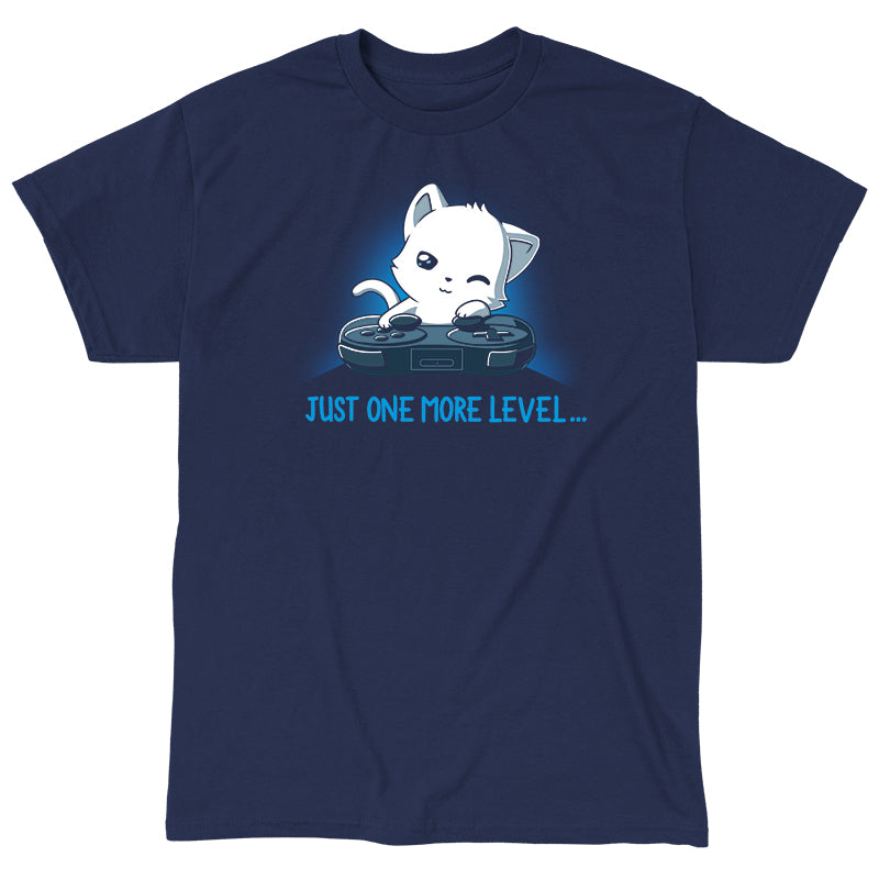 Classic Cotton T-shirt_TeeTurtle Just One More Level navy blue t-shirt featuring a cat falling asleep in front of a video game controller.