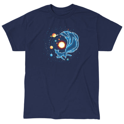 Classic Cotton T-shirt_TeeTurtle Kitsune Constellation navy blue t-shirt featuring the celestial outline of a kitsune Constellation, with a starry tail circling the sun, surrounded by planets and orbiting lines on a dark background.