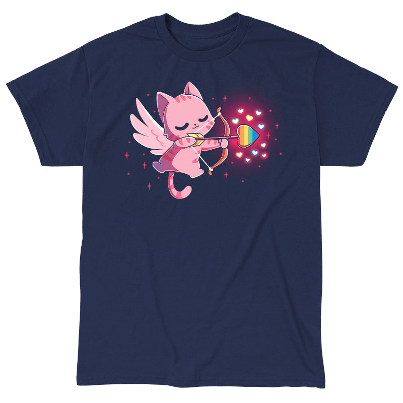 Classic Cotton T-shirt_TeeTurtle navy blue LGBTQ-pid Kitty. Featuring a pink Cupid cat shooting an arrow with a rainbow heart at the tip.