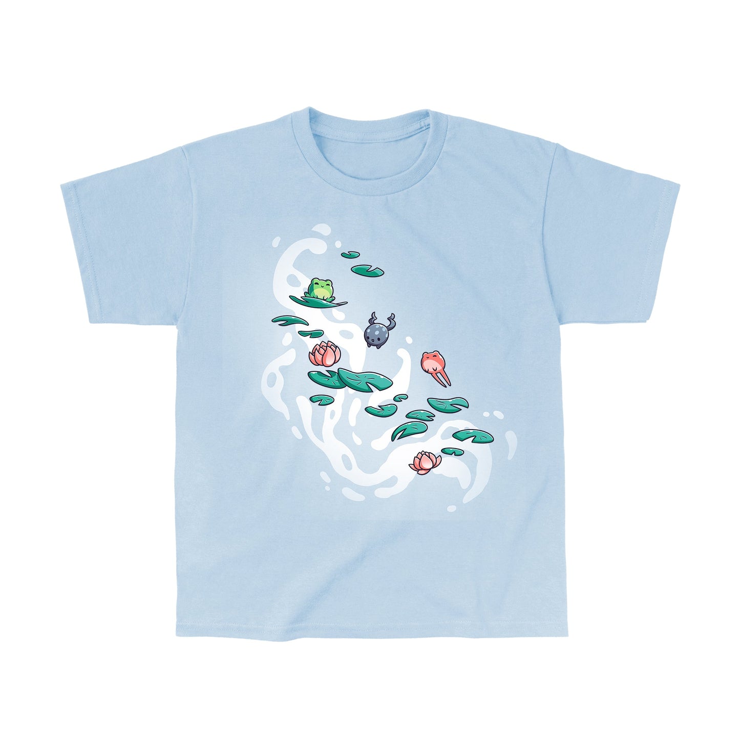 Classic Cotton T-shirt_TeeTurtle Leaping Lily Pads light blue t-shirt featuring a green, gray and red frog hopping onto lily pads.