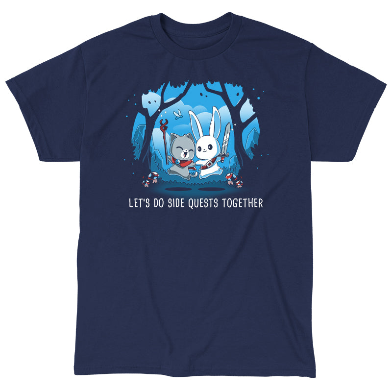 Classic Cotton T-shirt_TeeTurtle Let’s Do Side Quests Together navy blue t-shirt featuring a cat with a staff and a bunny with a sword surrounded by trees and mushrooms.