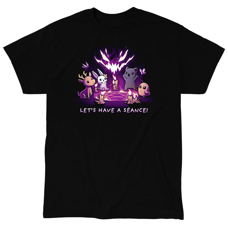 Classic Cotton T-shirt_TeeTurtle Let's Have a Séance! black t-shirt featuring an illustration of a deer, bunny, cat and owl having a séance on a pentagram surrounded by burning candles with "LET'S HAVE A SEANCE!" written underneath. A large, stylized, glowing, purple and white face hovers above the animals created by the flames.