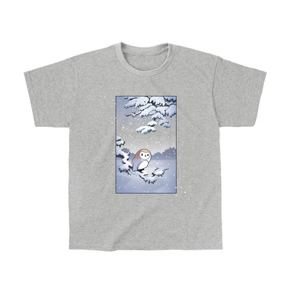 Classic Cotton T-shirt_TeeTurtle heather gray Snowy Owl apparel featuring a barn owl perched on a snowy branch with snow falling in the background.