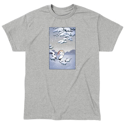 Classic Cotton T-shirt_TeeTurtle heather gray Snowy Owl apparel featuring a barn owl perched on a snowy branch with snow falling in the background.