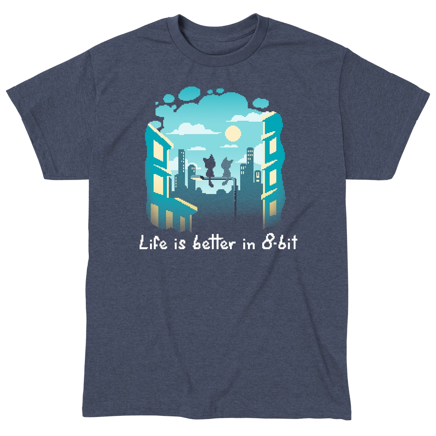 Classic Cotton T-shirt_TeeTurtle Life Is Better in 8-bit heather navy t-shirt featuring pixel art cityscape with two cats sitting on top of a lamppost under a partly cloudy sky. Text at the bottom reads "Life Is Better in 8-Bit." 