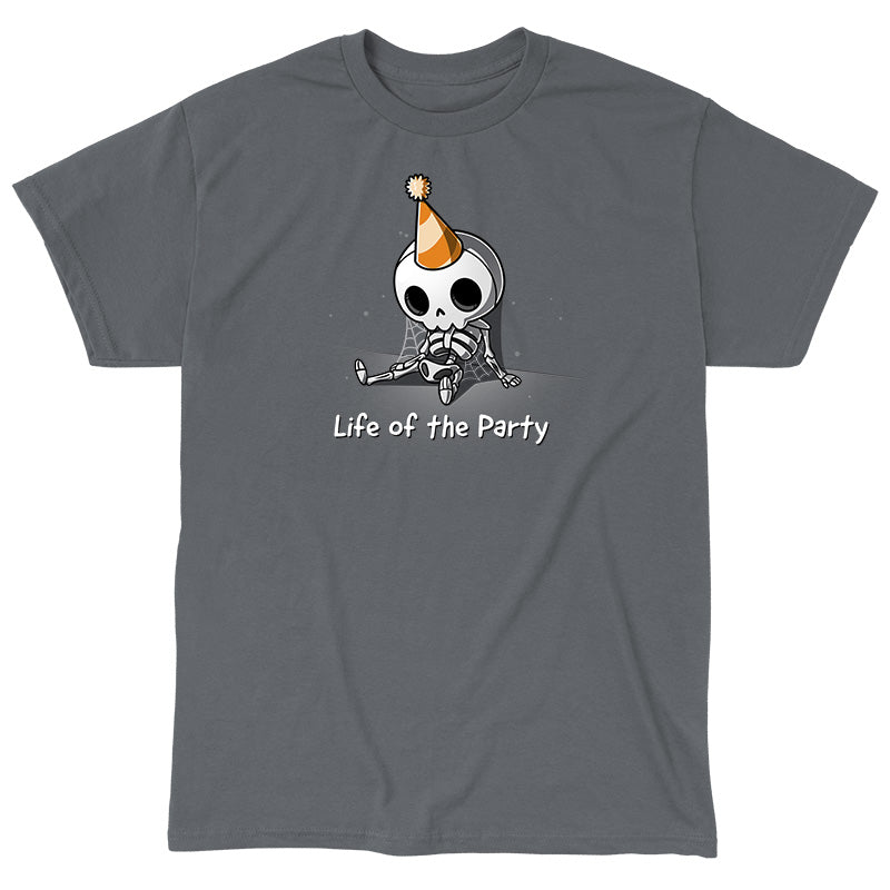 Classic Cotton T-shirt_TeeTurtle charcoal gray Life of the Party. Featuring a dusty skeleton wearing a party hat.