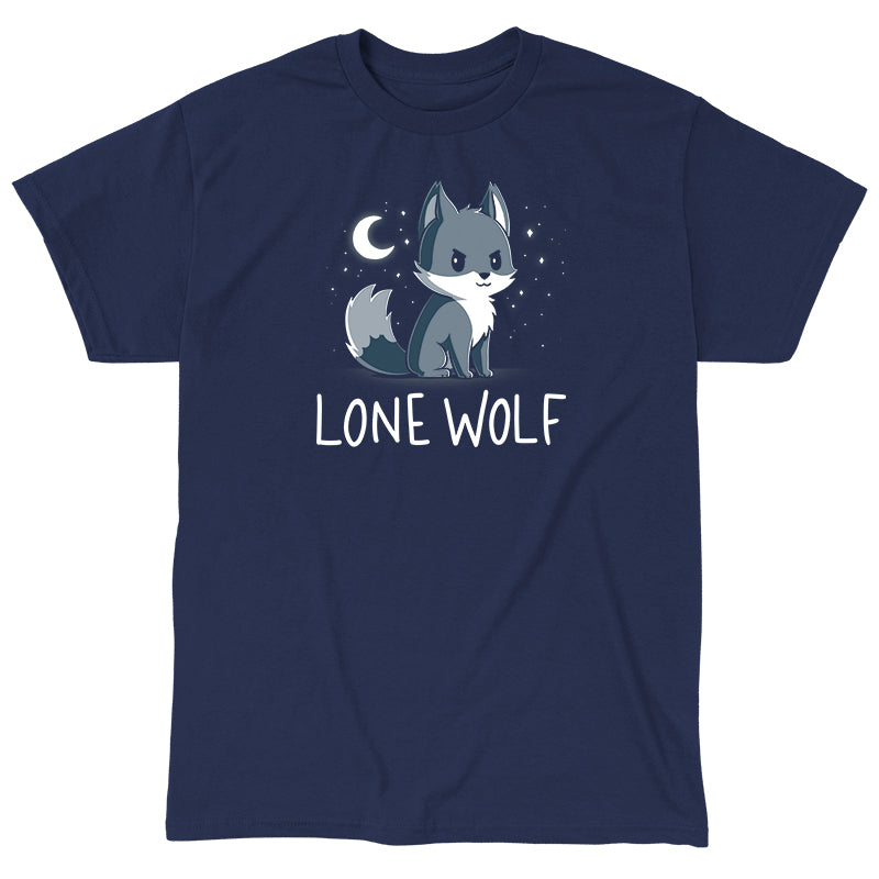 Classic Cotton T-shirt_TeeTurtle Lone Wolf navy blue t-shirt featuring a confident wolf in front of a starry night sky.