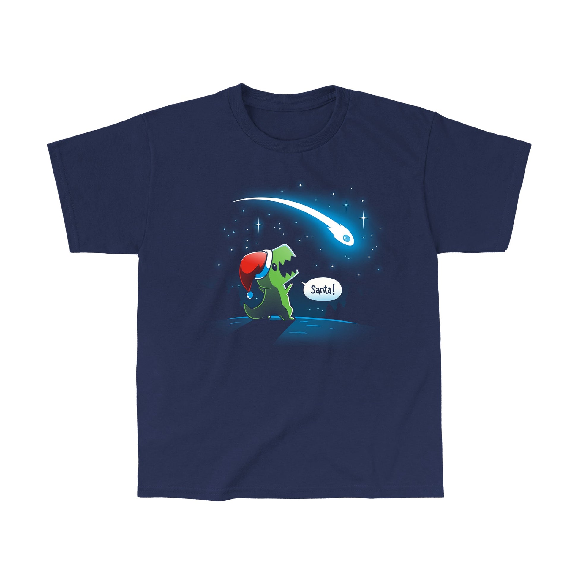 Classic Cotton T-shirt_TeeTurtle Look, Santa! navy blue t-shirt featuring a dinosaur with a Christmas santa hat on looking at a meteor, shouting “Santa!”