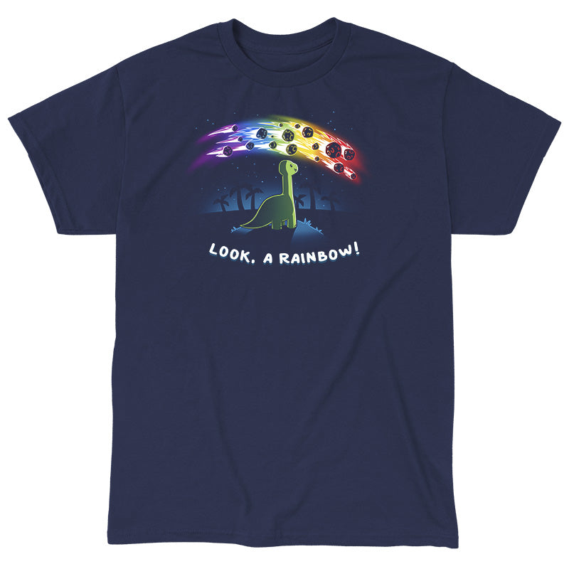 Classic Cotton T-shirt_TeeTurtle Look, a Rainbow! navy blue t-shirt featuring a green dinosaur looking up at rainbow asteroids in the starry night sky. The background is filled with black palm trees in the distance being illuminated from the asteroids, with "LOOK, A RAINBOW!" written underneath the illustration.