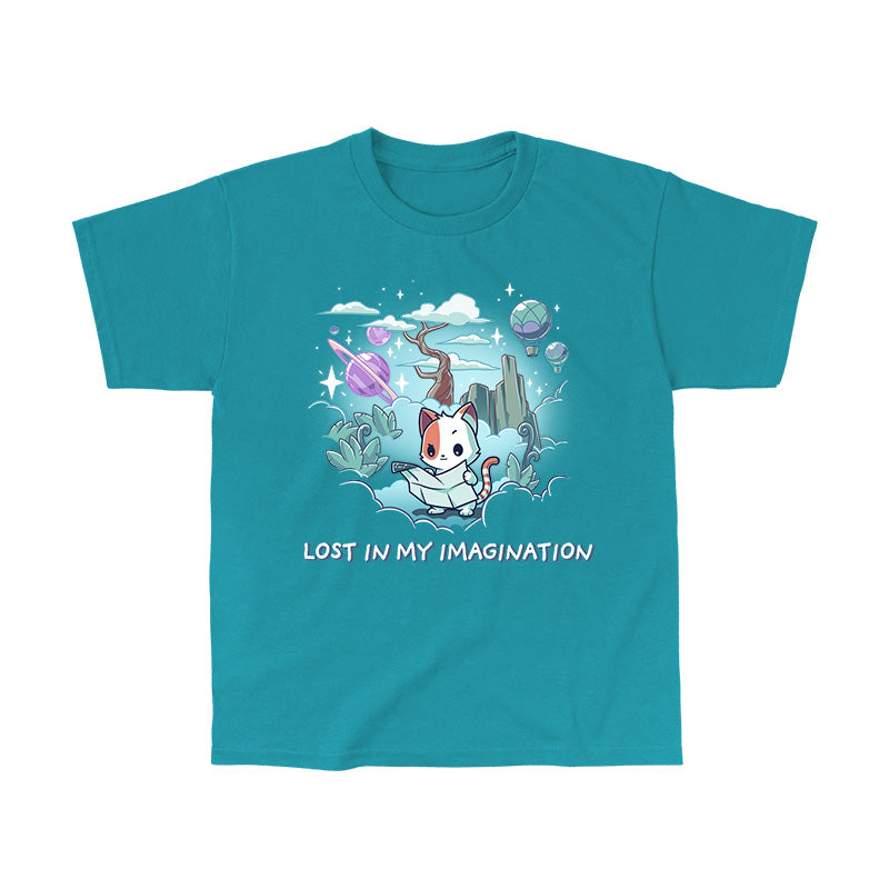 Classic Cotton T-shirt_TeeTurtle Lost in My Imagination tropical blue t-shirt featuring a cat holding a map, surrounded by clouds, plants, and floating elements such as planets and hot air balloons. Text below reads "LOST IN MY IMAGINATION."