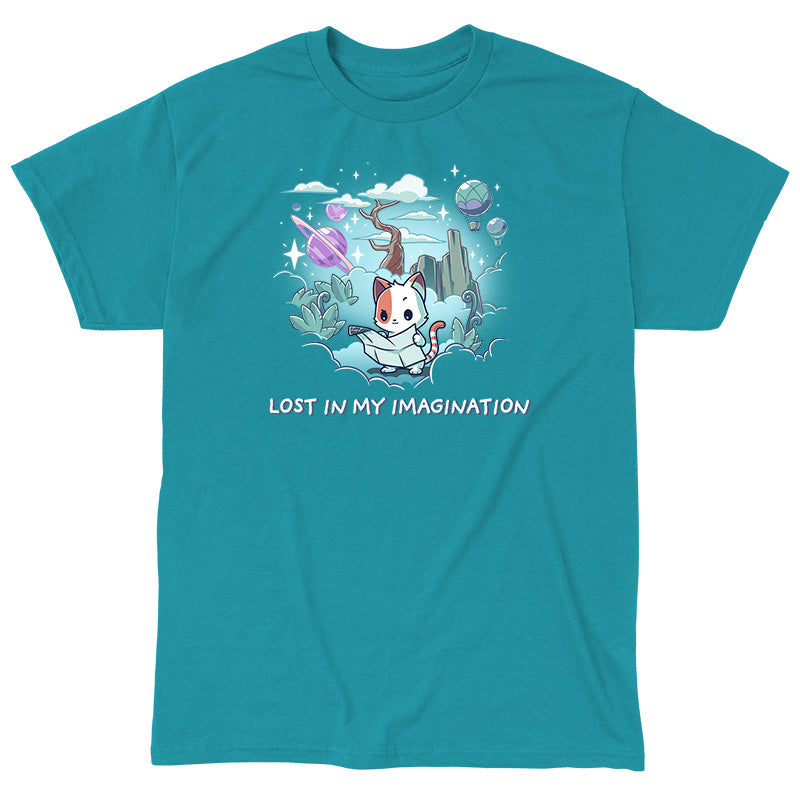 Classic Cotton T-shirt_TeeTurtle Lost in My Imagination tropical blue t-shirt featuring a cat holding a map, surrounded by clouds, plants, and floating elements such as planets and hot air balloons. Text below reads "LOST IN MY IMAGINATION."