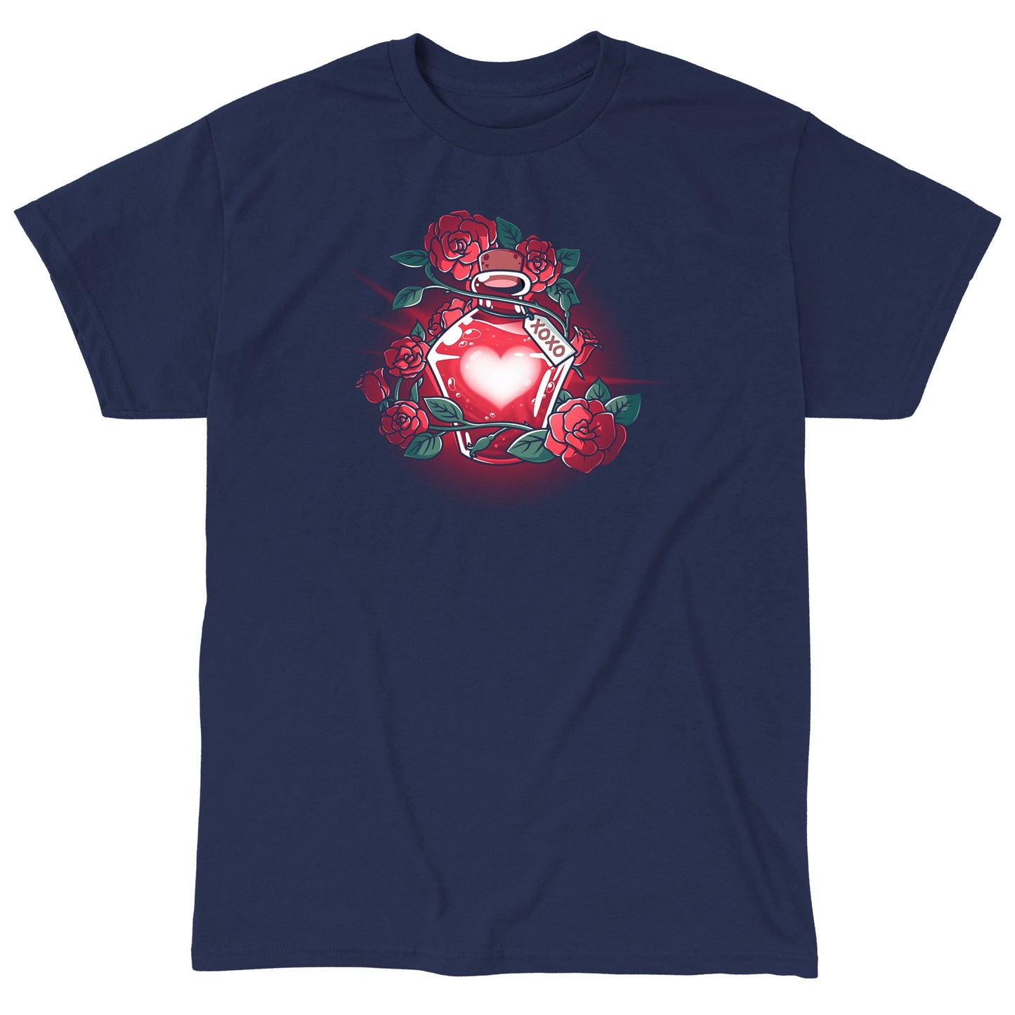 Classic Cotton T-shirt_TeeTurtle Love Potion navy blue t-shirt featuring a glowing red heart-shaped potion bottle surrounded by roses and vines. A tag with "XOXO" hangs from the bottle.