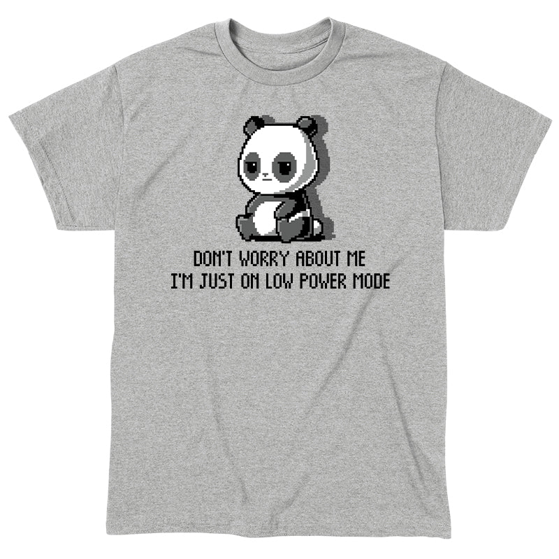 Classic Cotton T-shirt_TeeTurtle Low Power Mode heather gray t-shirt featuring pixel art of a panda sitting with the text "Don't worry about me, I'm just on low power mode" in a playful, retro style.