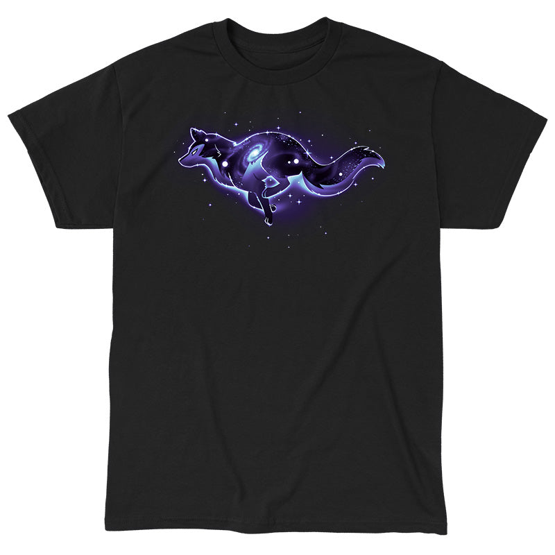 Classic Cotton T-shirt_TeeTurtle Lupine Constellation black t-shirt featuring an outline of a wolf that has a constellation inside of it. The wolf is in space surrounded by stars. 