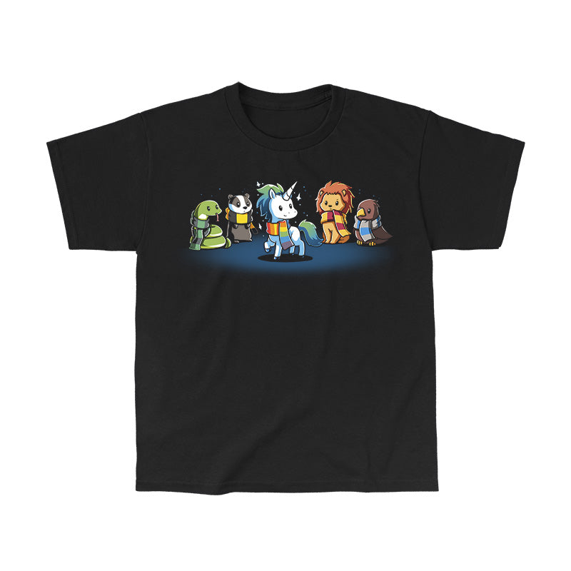 Classic Cotton T-shirt_TeeTurtle Magical Animals black t-shirt featuring a snake, badger, unicorn, lion, and bird each wearing different colored scarves.