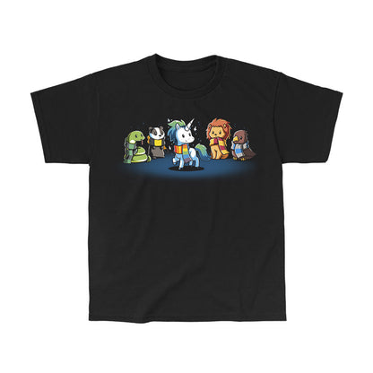 Classic Cotton T-shirt_TeeTurtle Magical Animals black t-shirt featuring a snake, badger, unicorn, lion, and bird each wearing different colored scarves.