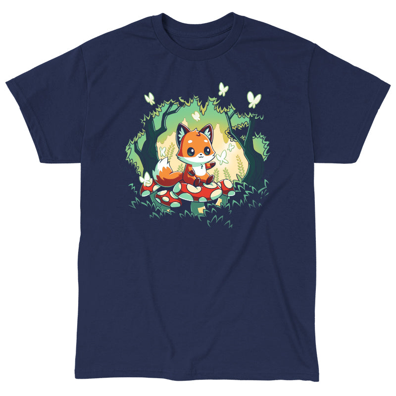 Classic Cotton T-shirt_TeeTurtle navy blue Magical Forest. Featuring a fox sitting on a toadstool in a forest with butterflies.