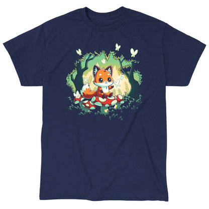 Classic Cotton T-shirt_TeeTurtle navy blue Magical Forest. Featuring a fox sitting on a toadstool in a forest with butterflies.