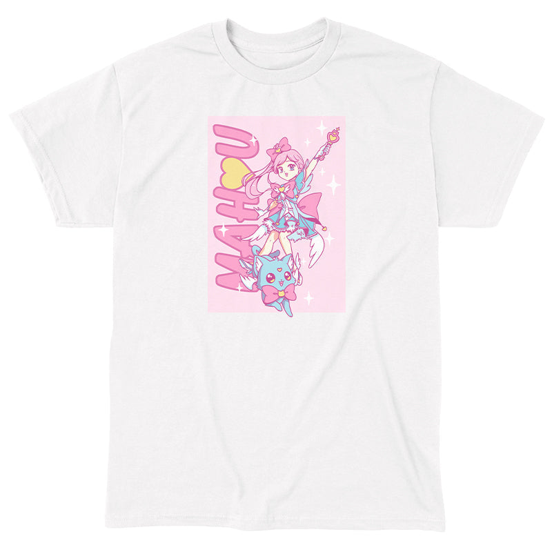 Classic Cotton T-shirt_TeeTurtle Mahou Shoujo and Cat white t-shirt featuring an anime girl with long, pink hair and a pink bow wearing a blue dress and holding a magical staff. A smiling blue cat wearing a pink bow by her feet. "MAHU" is written on the side going upwards, and the illustration is surrounded by stars. 