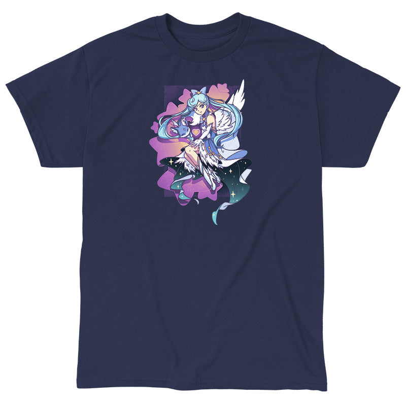 Classic Cotton T-shirt_TeeTurtle Mahou Shoujo & Fox navy blue t-shirt featuring an anime character with long, light blue hair wearing a blue dress with white angel wings while holding a blue fox surrounded by purple stars.