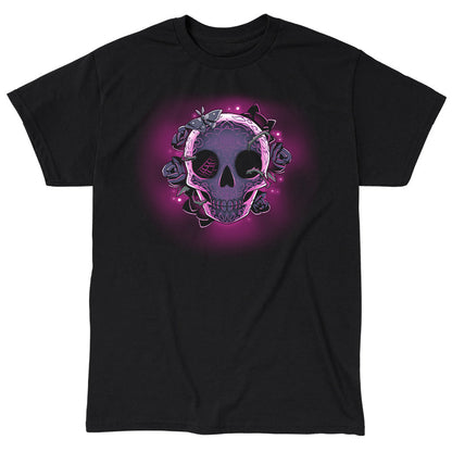 Classic Cotton T-shirt_TeeTurtle black Memento Mori. Featuring a skull with Dia de los Muertos engraving wreathed in roses.