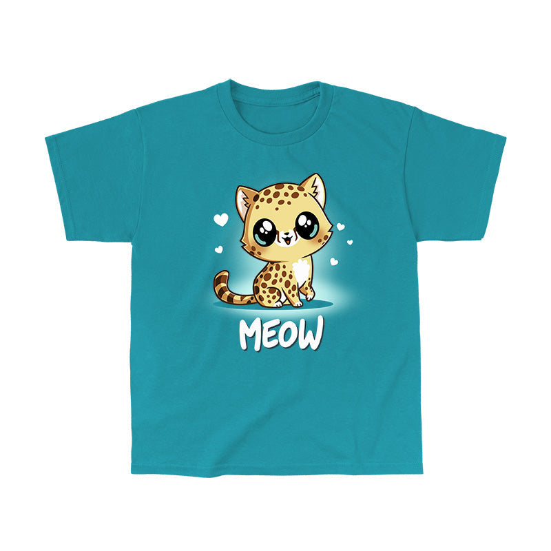 Classic Cotton T-shirt_TeeTurtle Meow tropical blue t-shirt featuring a cute, big-eyed spotted cheetah with a striped tail sitting and smiling. Hearts surround the cat's head, and the word "MEOW" is written below.