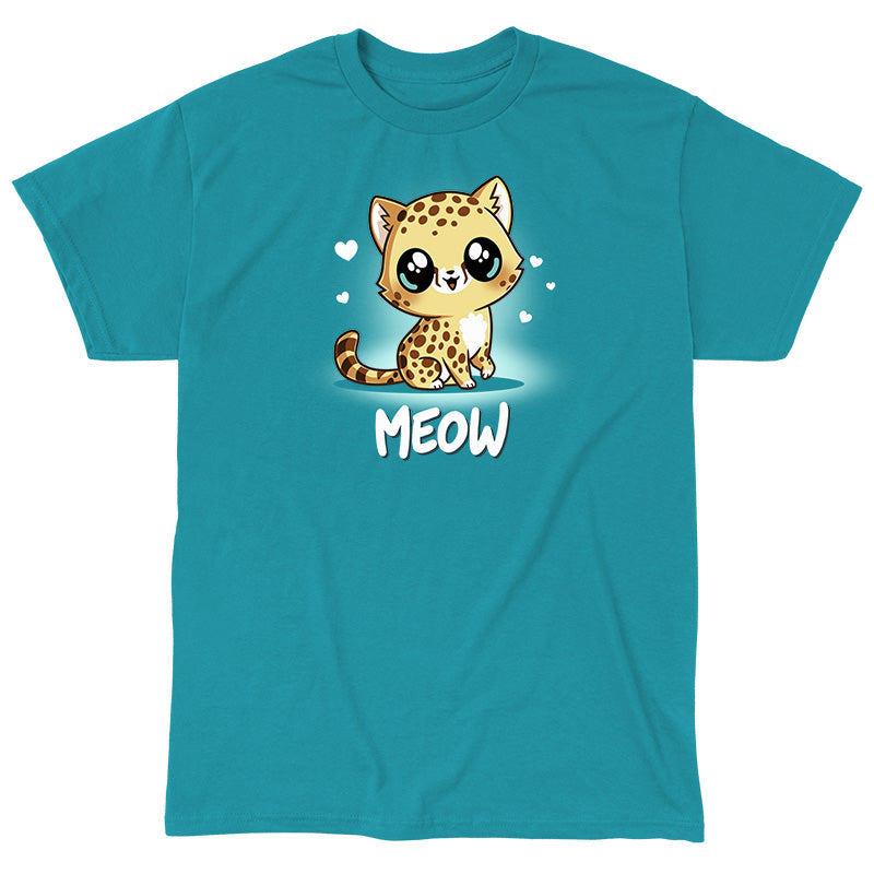 Classic Cotton T-shirt_TeeTurtle Meow tropical blue t-shirt featuring a cute, big-eyed spotted cheetah with a striped tail sitting and smiling. Hearts surround the cat's head, and the word "MEOW" is written below.