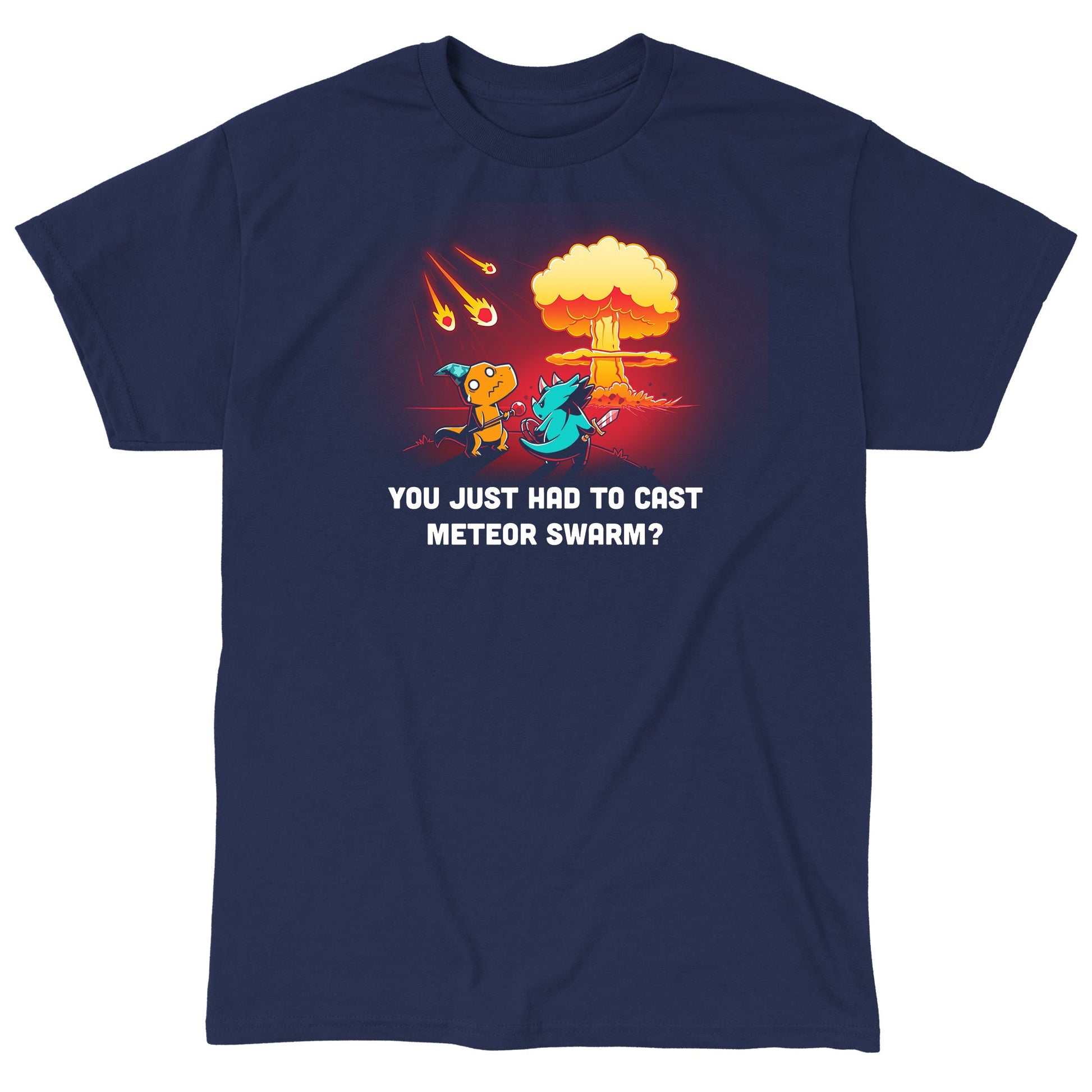 Classic Cotton T-shirt_TeeTurtle Meteor Swarm navy blue t-shirt featuring two dinosaurs dressed up in fantasy costumes looking at a meteor shower in the distance.