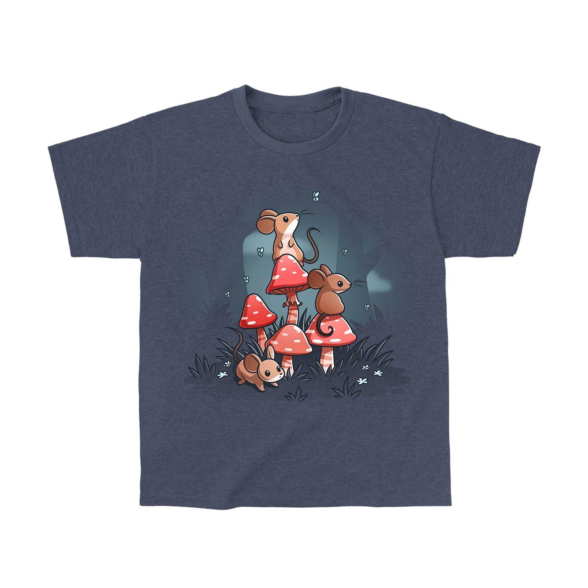 Classic Cotton T-shirt_TeeTurtle heather navy t-shirt Mushrooms & Mice featuring three brown mice grouped around red mushrooms in a cottagecore forest.