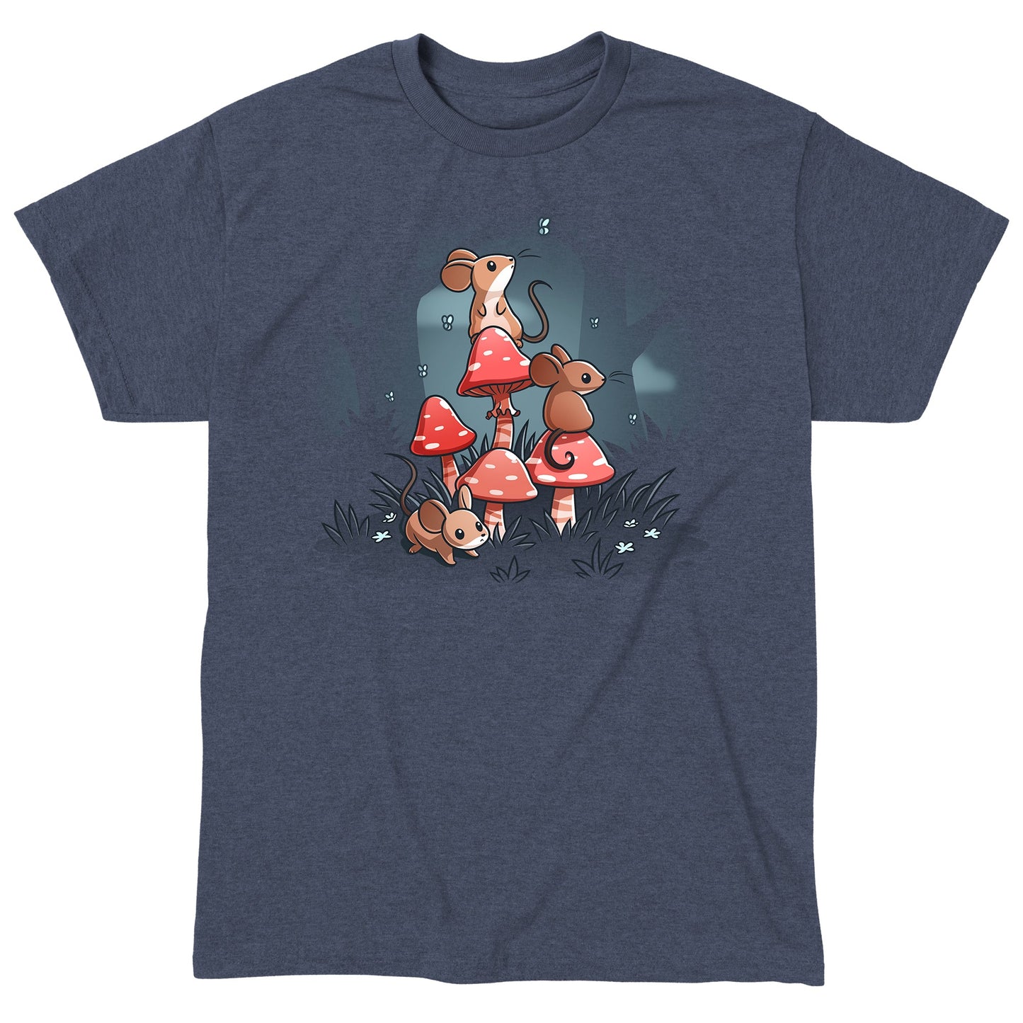 Classic Cotton T-shirt_TeeTurtle heather navy t-shirt Mushrooms & Mice featuring three brown mice grouped around red mushrooms in a cottagecore forest.