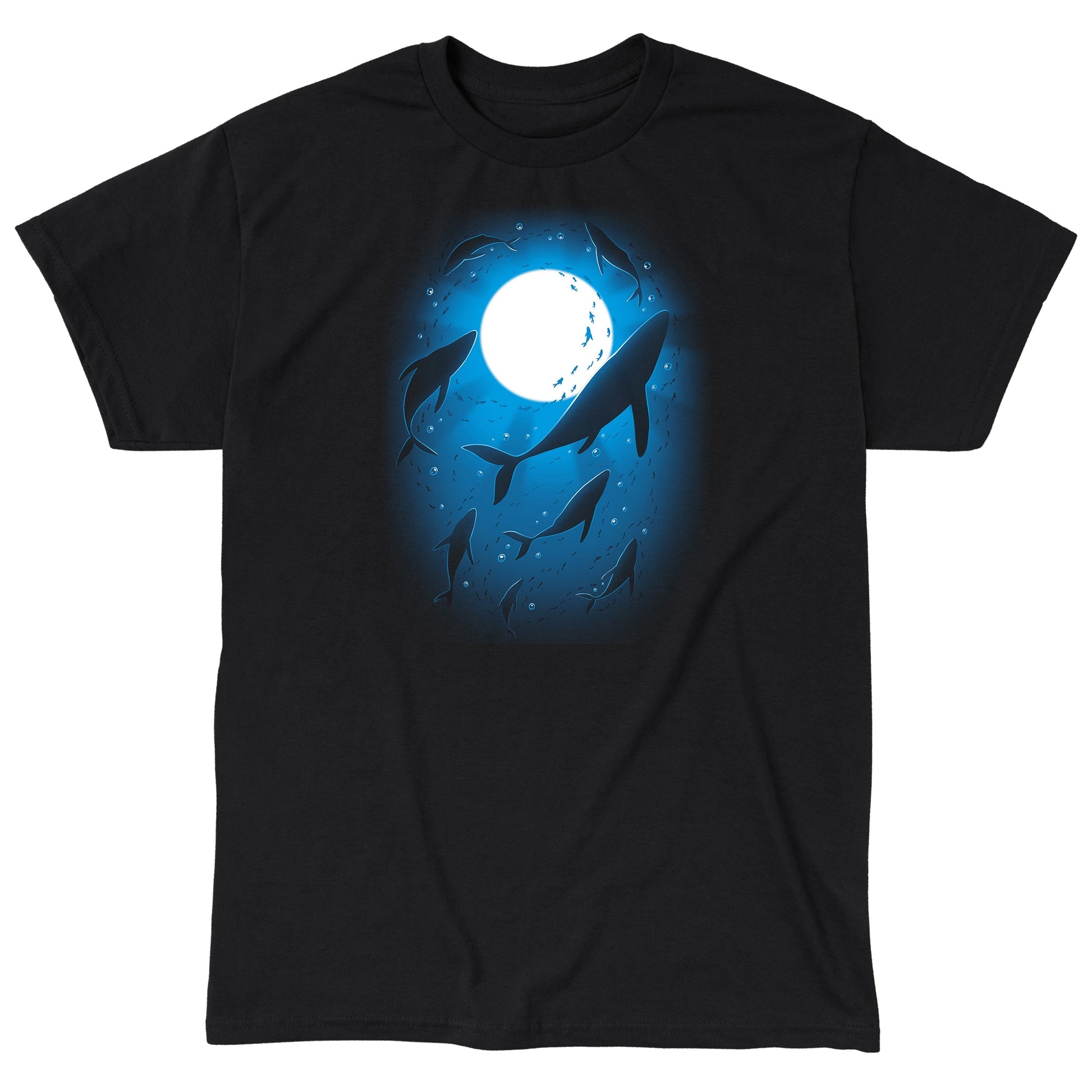 Classic Cotton T-shirt_Teeturtle Moonlight Swim Black Featuring a large pod of whales swimming under the light of the full moon.