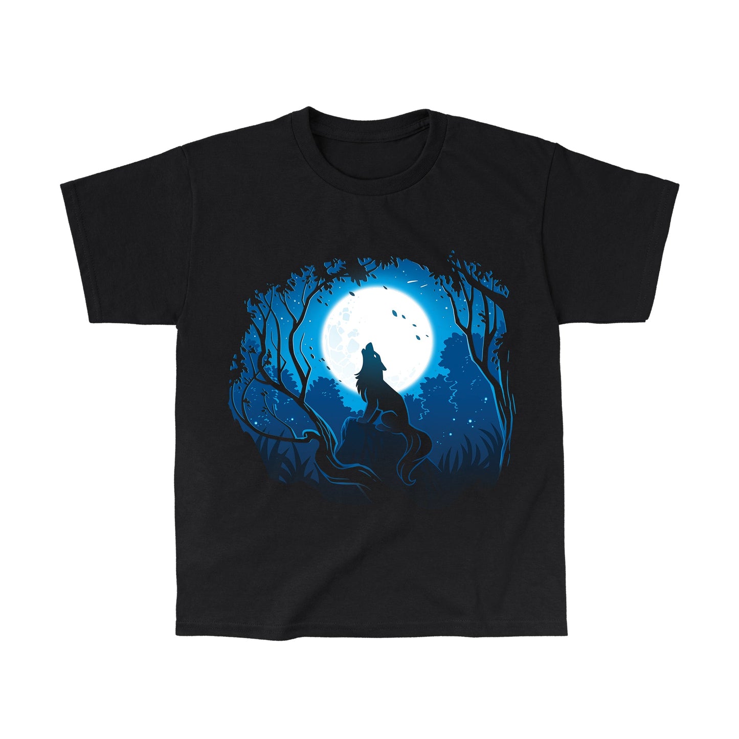 Classic Cotton T-shirt_TeeTurtle Moonlight Wolf black t-shirt featuring an artistic wolf howling at the full moon while sitting on a rock surrounded by trees.