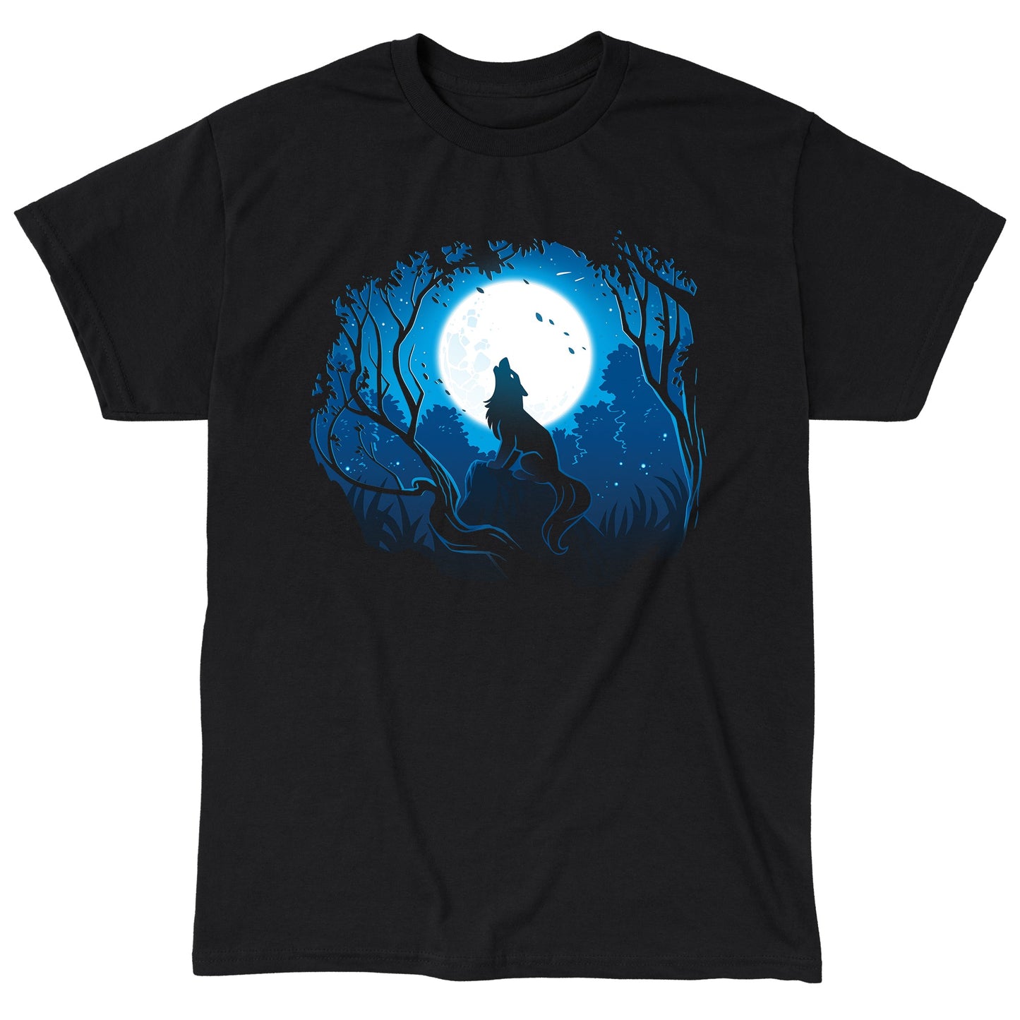 Classic Cotton T-shirt_TeeTurtle Moonlight Wolf black t-shirt featuring an artistic wolf howling at the full moon while sitting on a rock surrounded by trees.